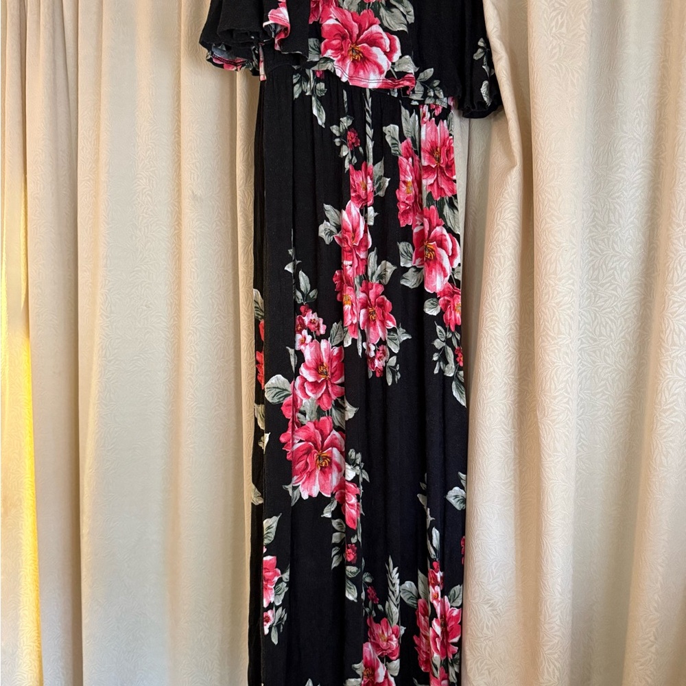 Altar'd State Black Maxi Dress with Pink Floral Design